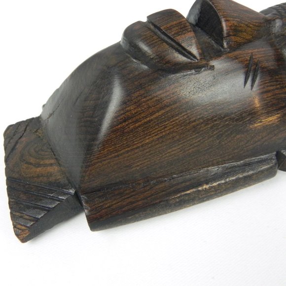 Solid Wood Bone Inlay Sculpture | Carved Face in Dark Wood | Vintage Artwork - Picture 8 of 10